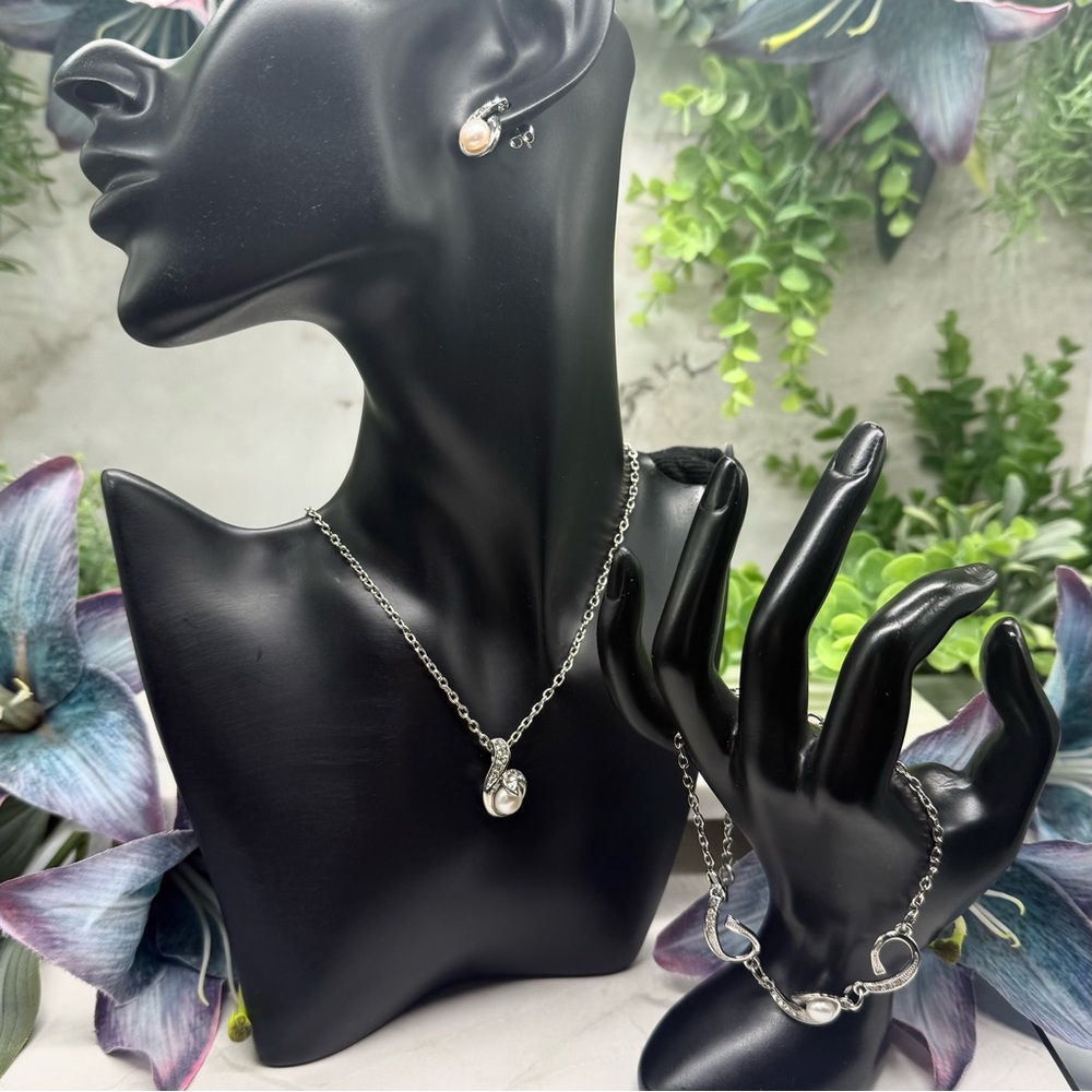 Silver Tone Adjustable Chain Faux Pearl Pendant Necklace Bracelet Earrings